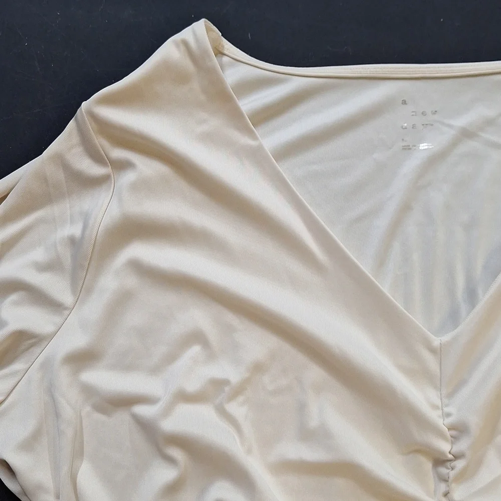 NEW! Long Sleeve Ruched Slim Fit Bodysuit, Cream - A New Day - Picture 3 of 9